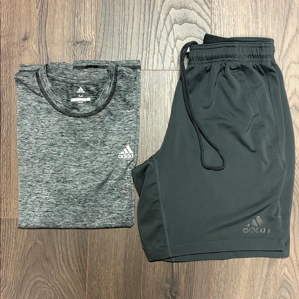 Adidas Bundle - Charcoal Men's Athletic Shorts and heathered grey dry fit tee -M